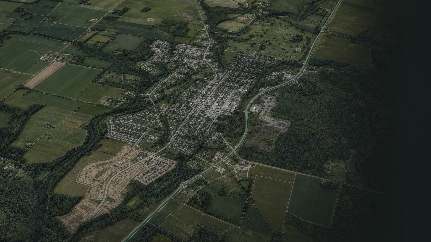 Illustrative AddressIQ live territory view with fibre routes, parcel intelligence, customer status and a selected new-construction opportunity