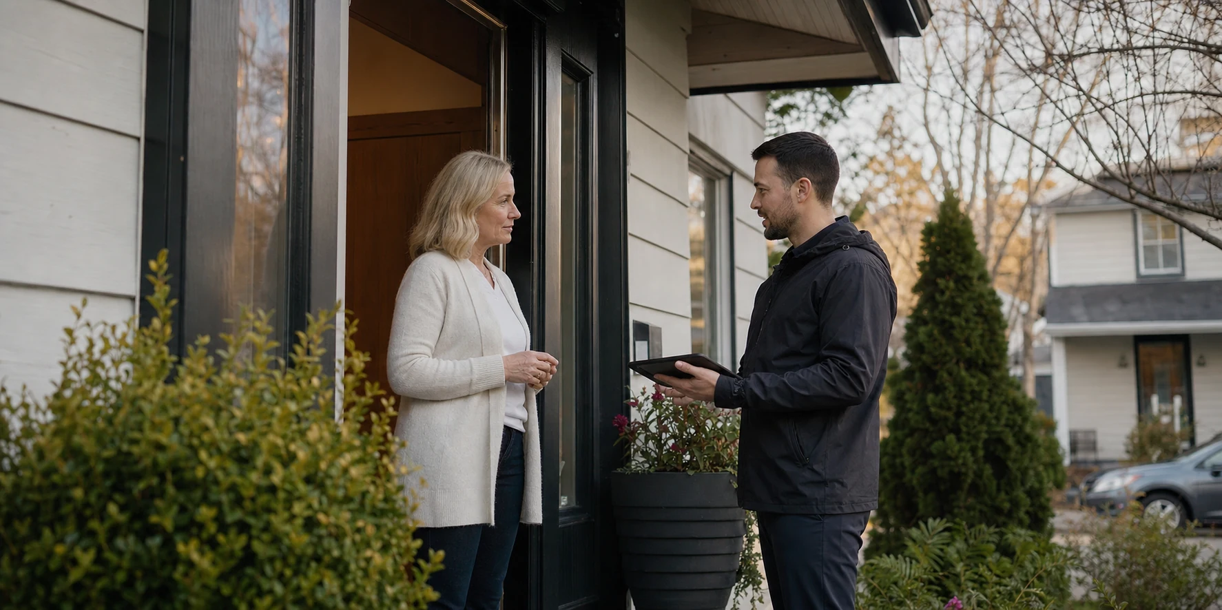 GIDE field representative confirming service availability with a homeowner at the doorstep