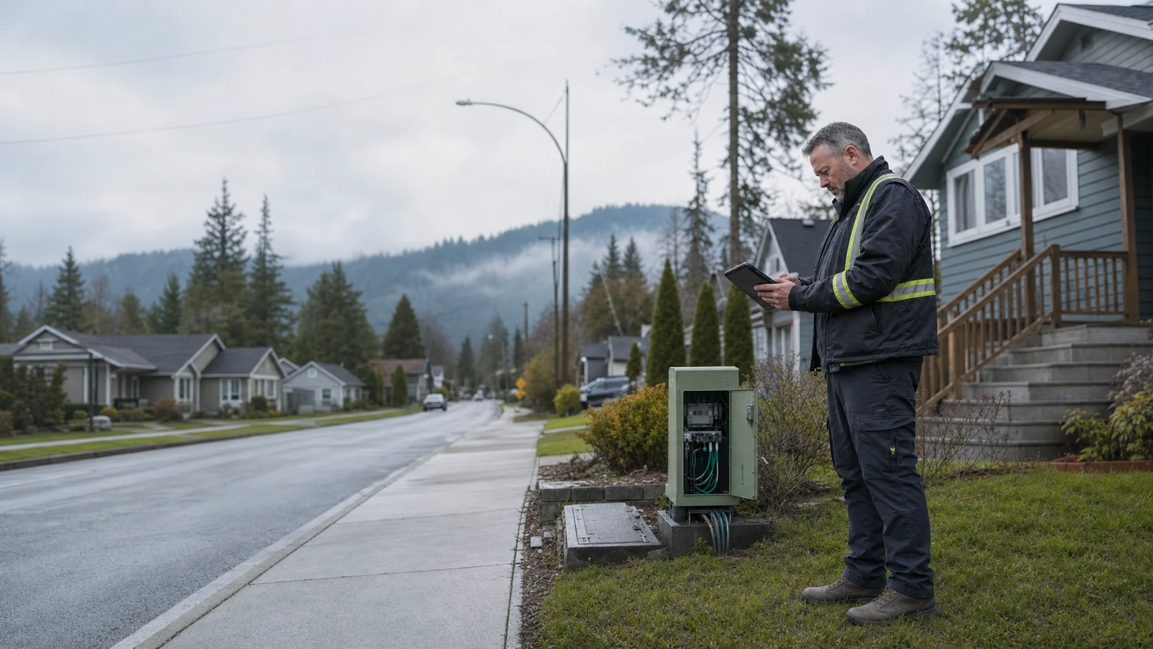 Telecom field specialist validating fibre infrastructure and premise information in a Canadian community